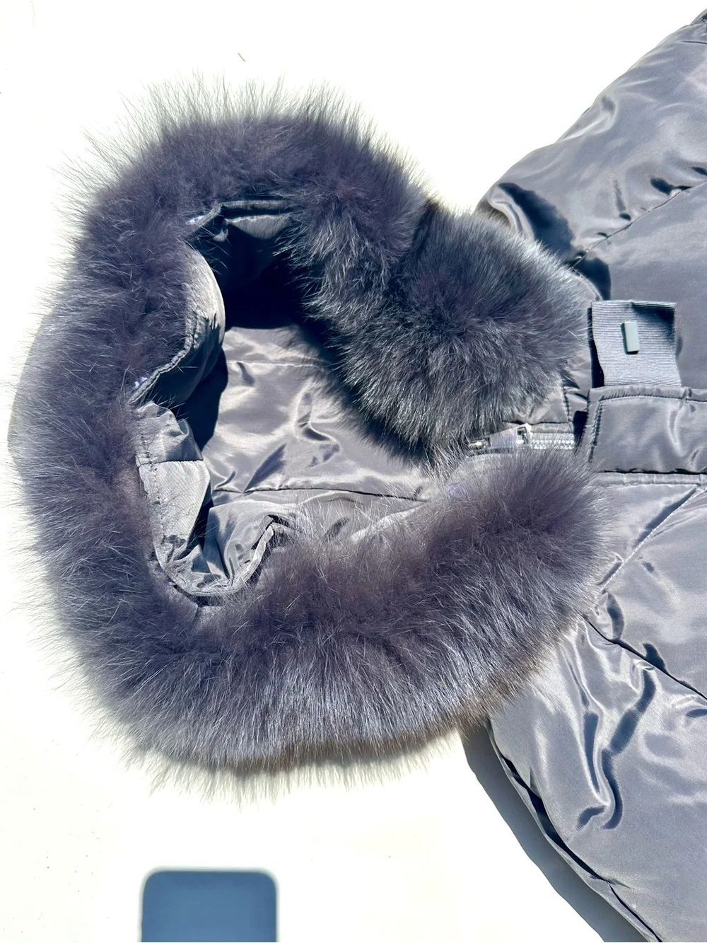 Zow Zow Genuine Fox Fur Trim Down Fill Long Puffer Coat Jacket Hood Gray Navy 00